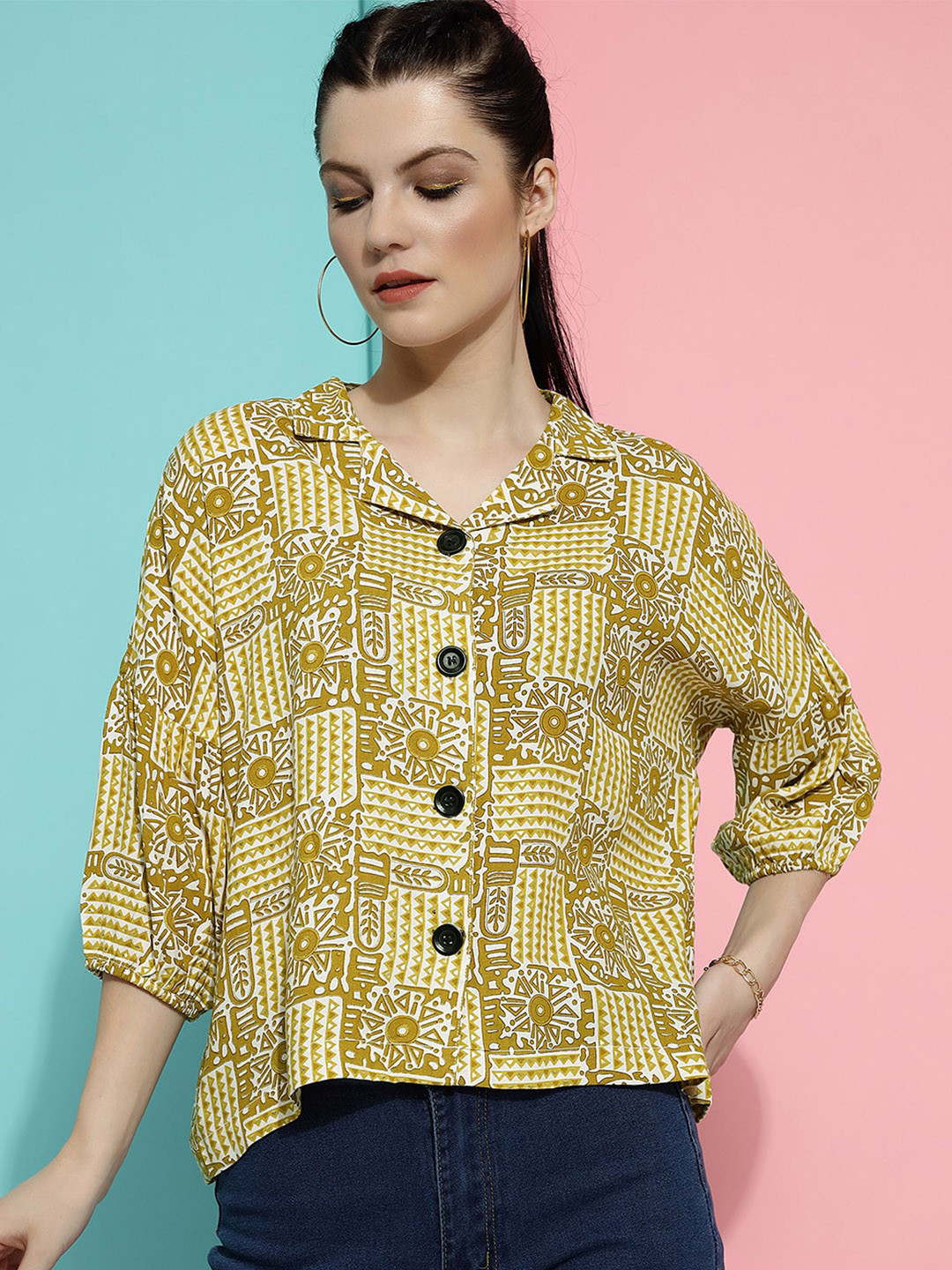 

CLEMIRA Geometric Printed Cuban Collar Shirt Style Top, Sea green