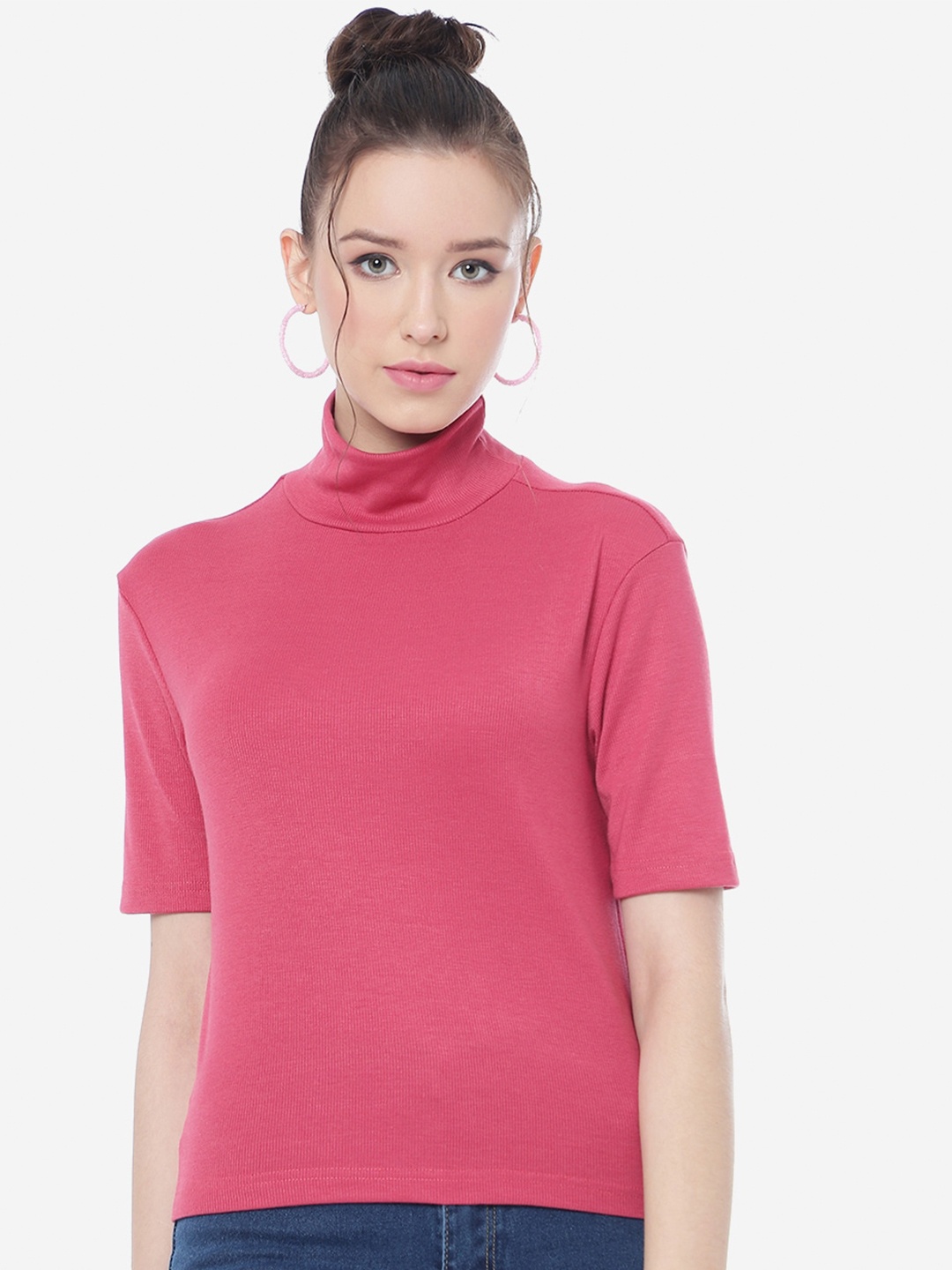 

CLEMIRA High Neck Regular Casual Top, Pink