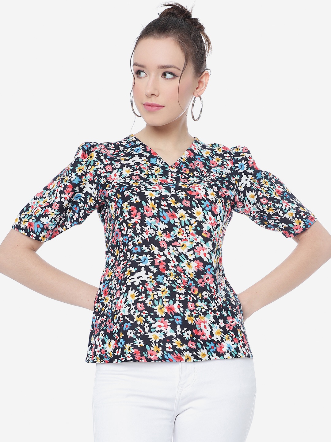 

CLEMIRA Floral Printed V-Neck Crepe Top, Navy blue