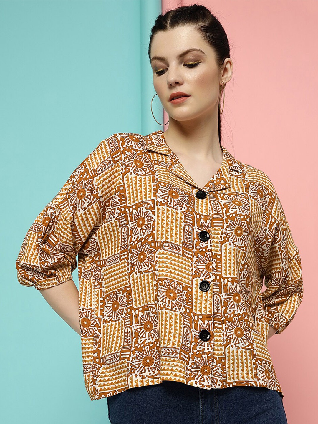 

CLEMIRA Abstract Printed Extended Sleeves Shirt Style Top, Orange