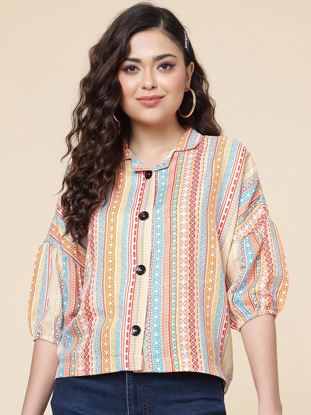 

CLEMIRA Tribal Printed Puff Sleeves Top, Beige