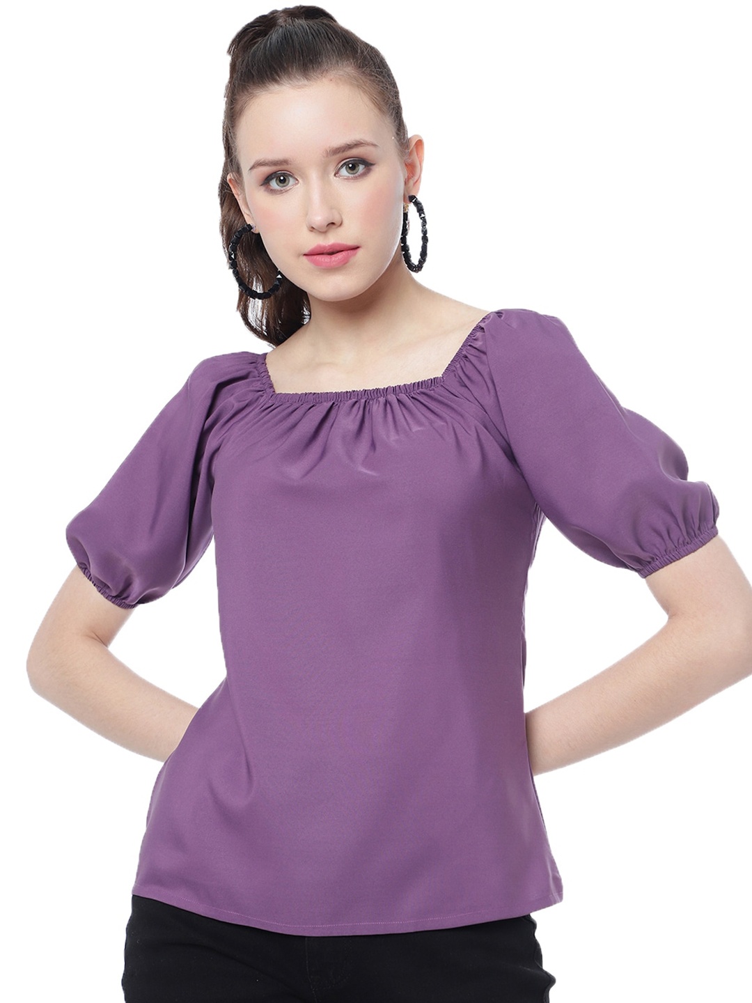 

CLEMIRA Square Neck Puff Sleeves Crepe Top, Purple