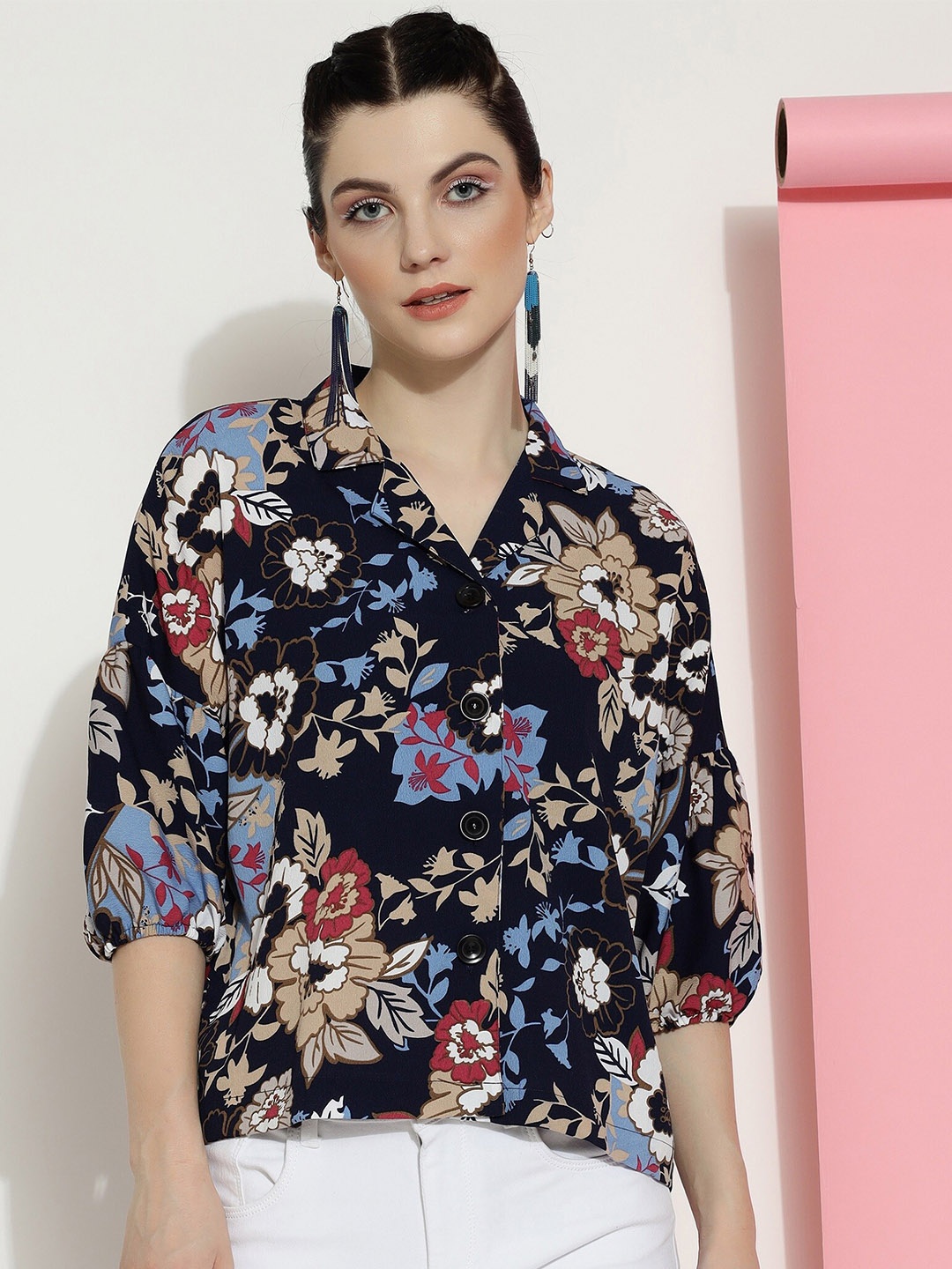 

CLEMIRA Floral Printed Puff Sleeves Shirt Style Top, Navy blue