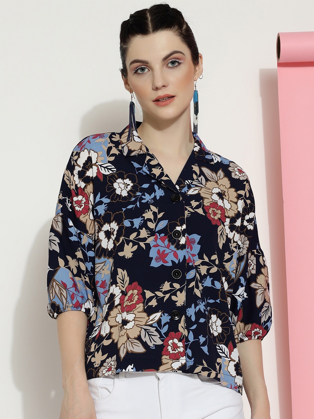 

CLEMIRA Ethnic Motifs Print Shirt Collar Puff Sleeve Top, Navy blue