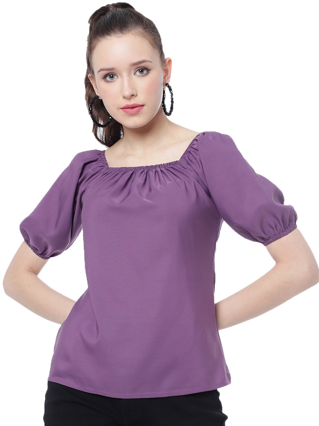 

CLEMIRA Square Neck Puff Sleeve Gathered Regular Top, Purple