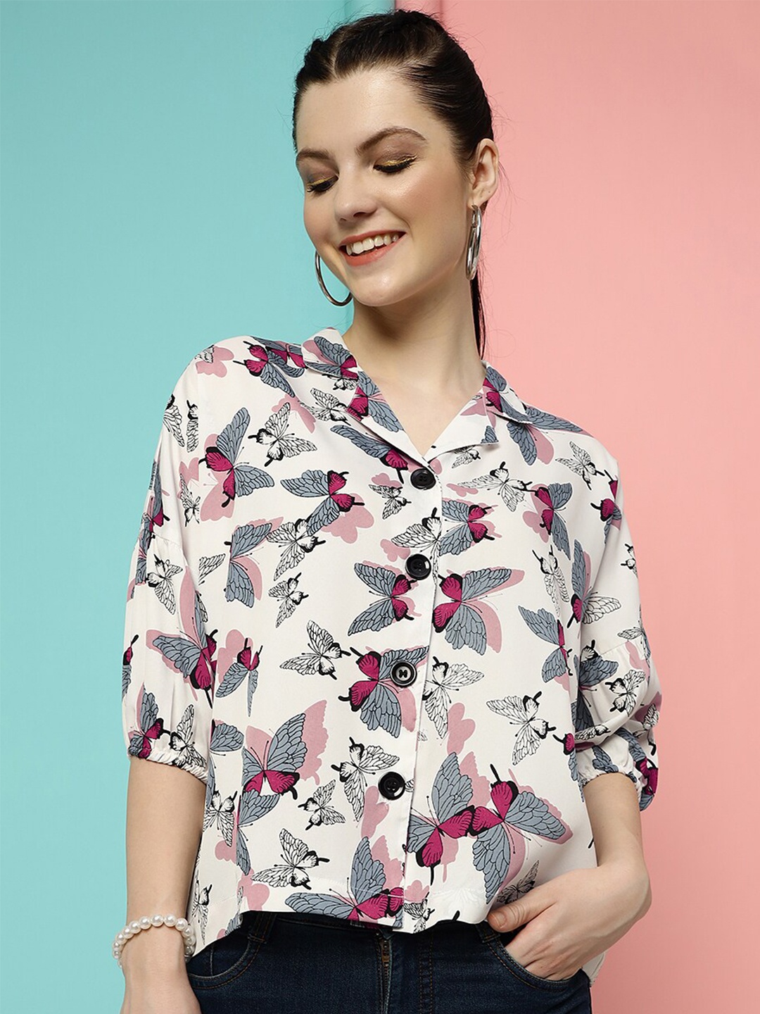 

CLEMIRA Floral Printed Cuben Collar Shirt Style Top, White