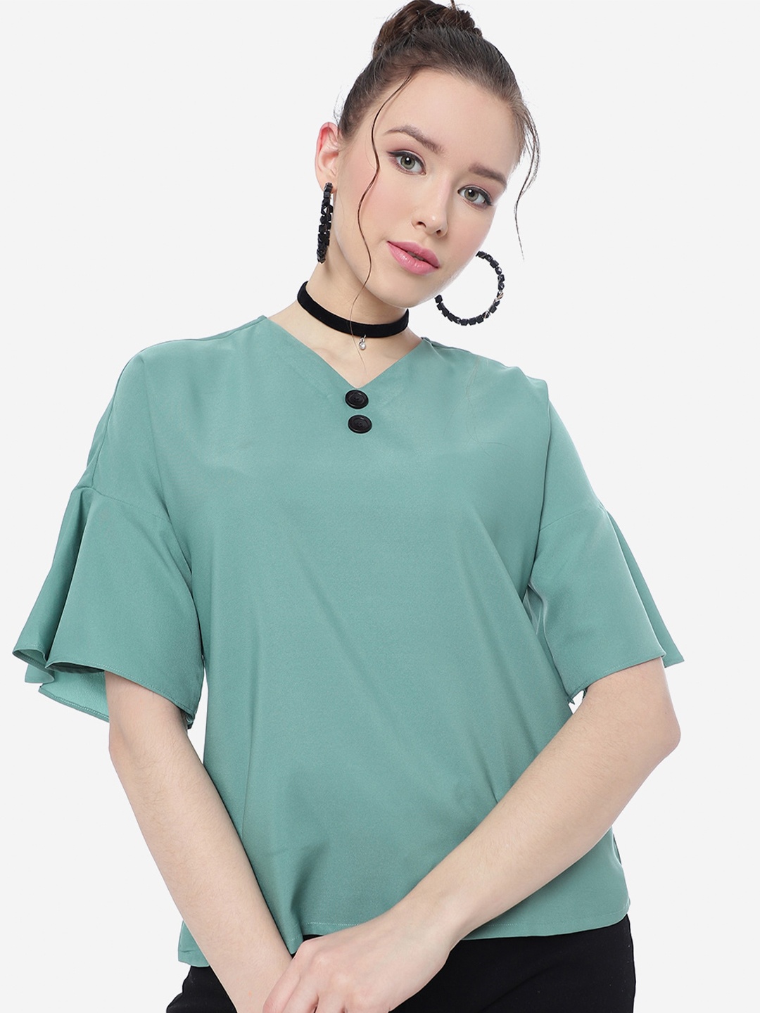 

CLEMIRA V-Neck Bell Sleeve Regular Top, Teal