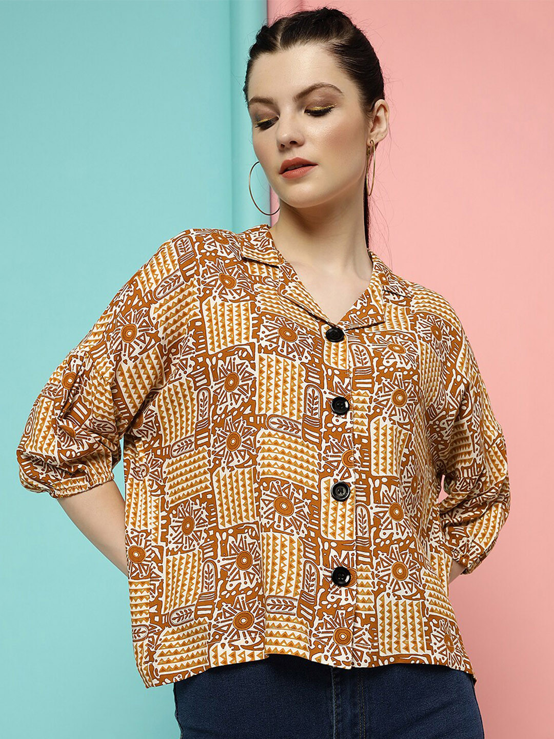 

CLEMIRA Ethnic Motifs Printed Cuban Collar Regular Shirt Style Top, Orange