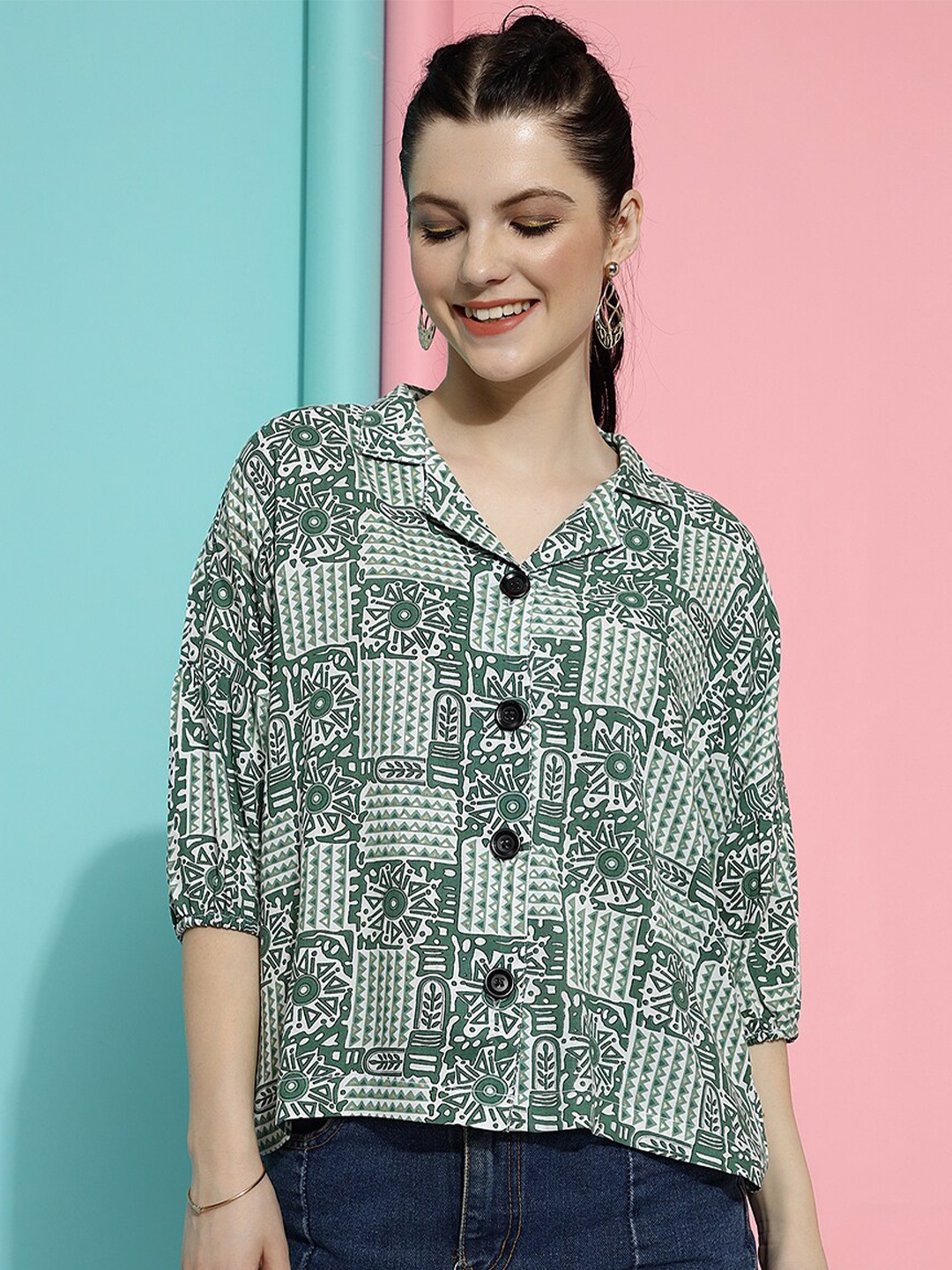 

CLEMIRA Floral Printed Crepe Shirt Style Top, Green