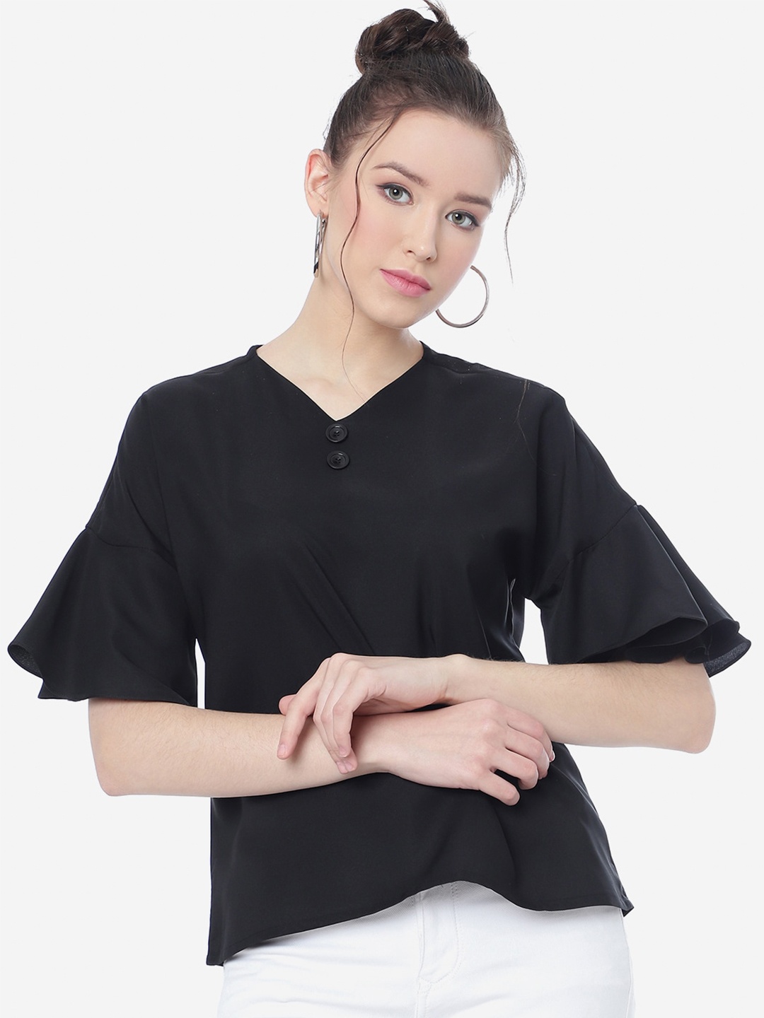 

CLEMIRA Flared Sleeve Regular Casual Top, Black