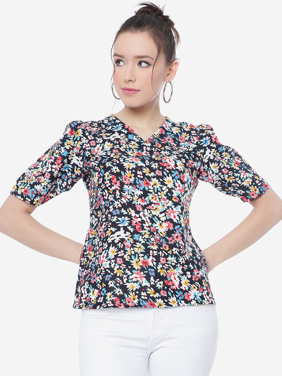 

CLEMIRA Floral Printed V-Neck Puff Sleeves Top, Navy blue