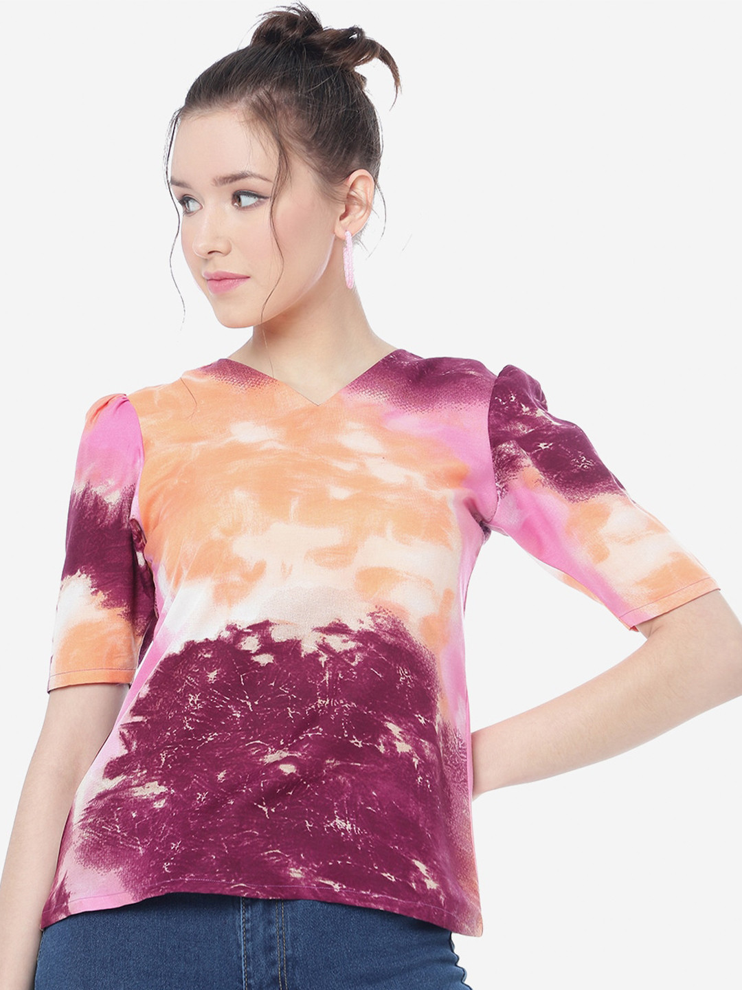 

CLEMIRA Tie and Dye Printed V-Neck Puff Sleeves Top, Purple