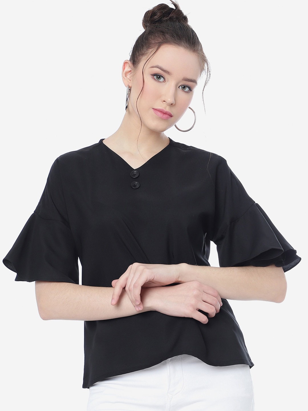 

CLEMIRA V-Neck Drop-Shoulder Sleeves Regular Top, Black
