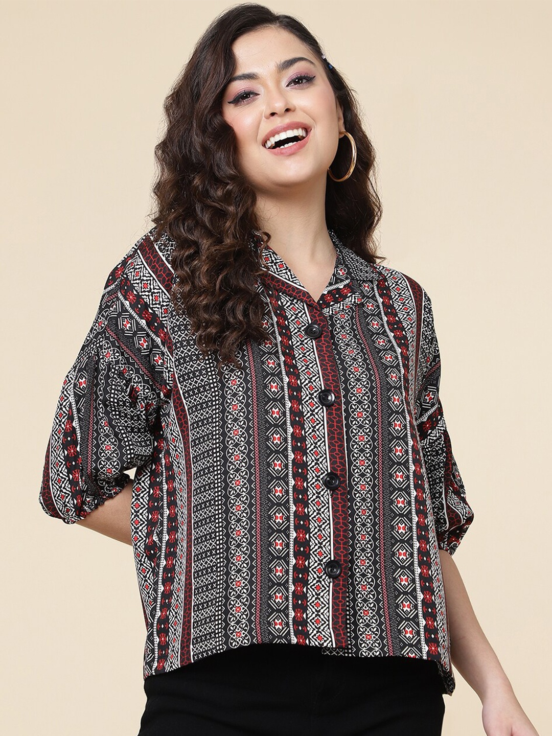 

CLEMIRA Ethnic Motifs Printed Crepe Shirt Style Top, Maroon