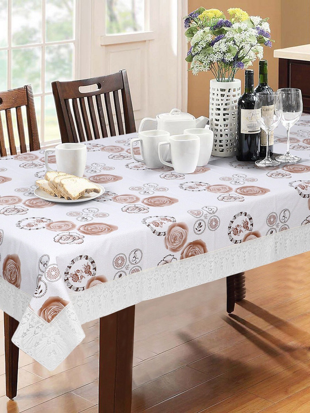 

Dakshya Industries Floral Printed 6-Seater Table Cover, Cream