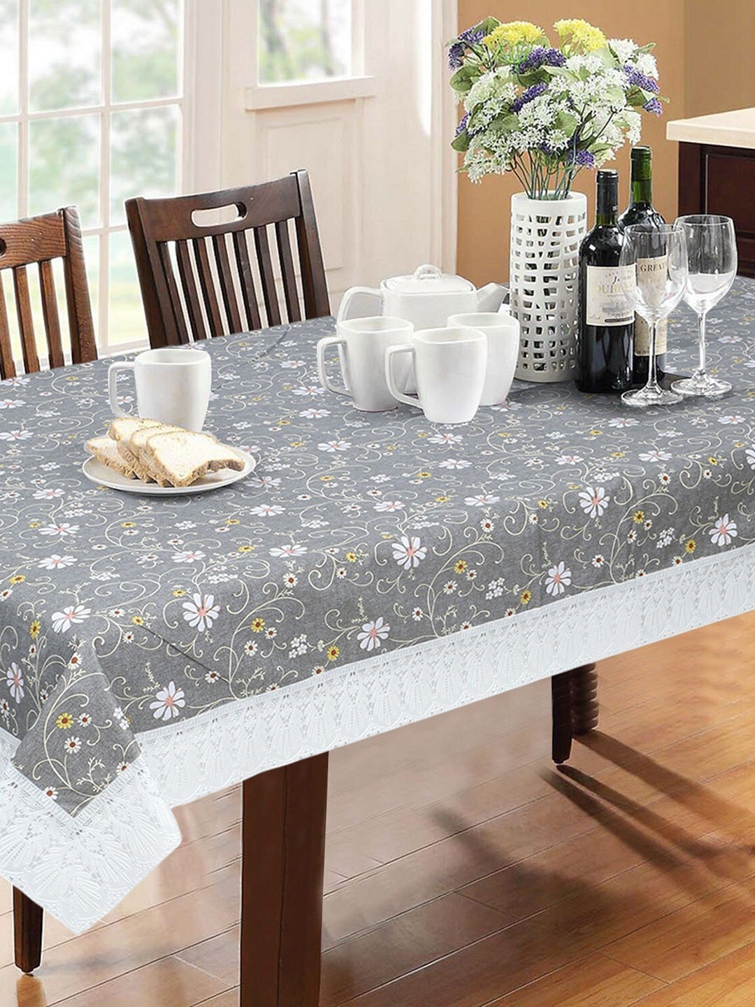 

Dakshya Industries Grey & White Floral Printed PVC 6-Seater Table Cover