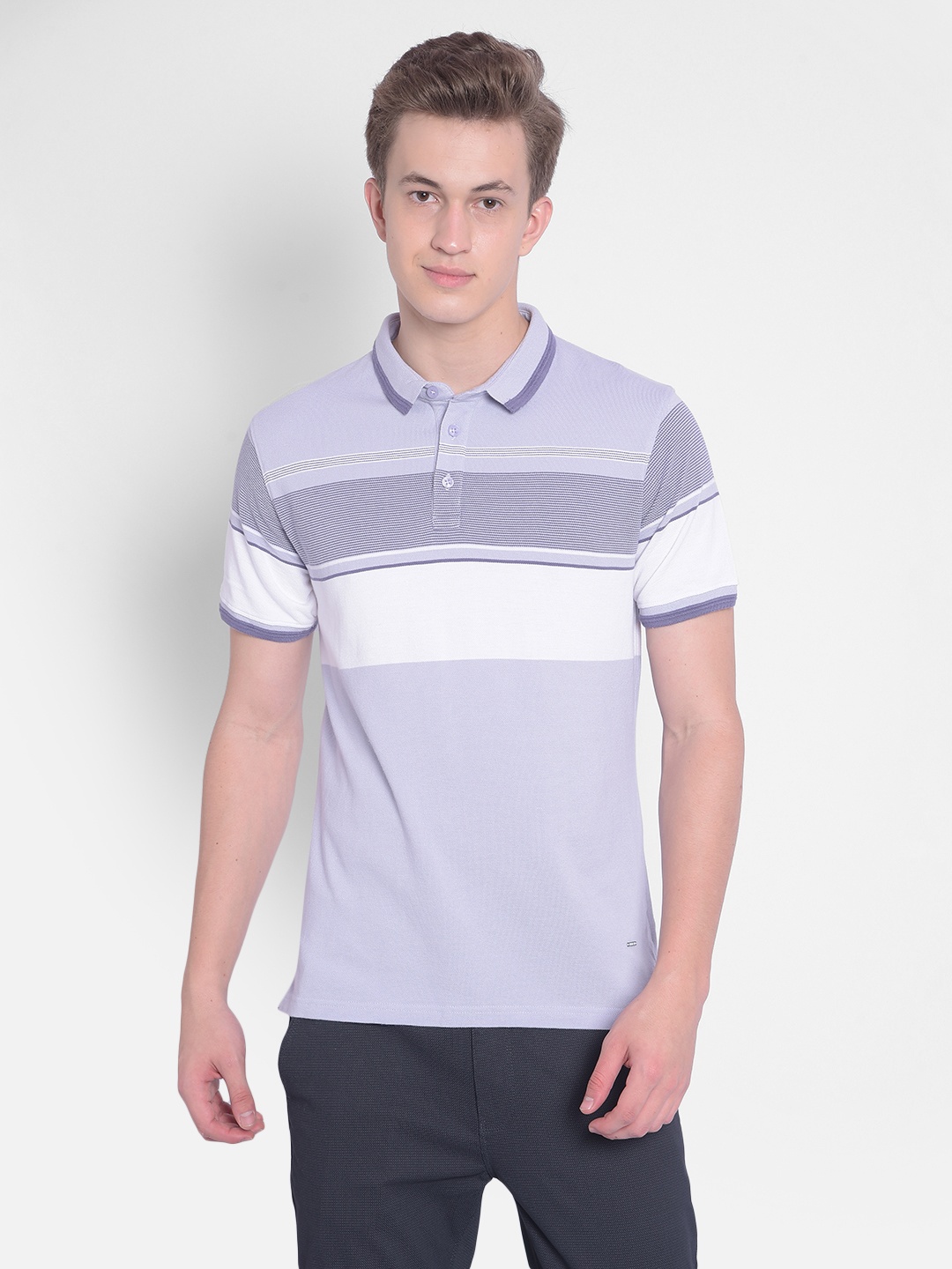 

Crimsoune Club Striped Pure Cotton Polo Collar Slim Fit T-shirt, Purple