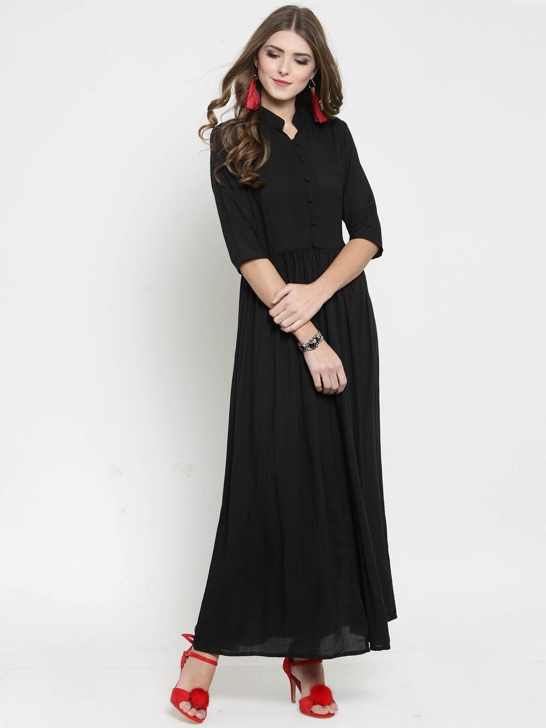 

Sera Black Flared Mandarin Collar A-Line Kurta