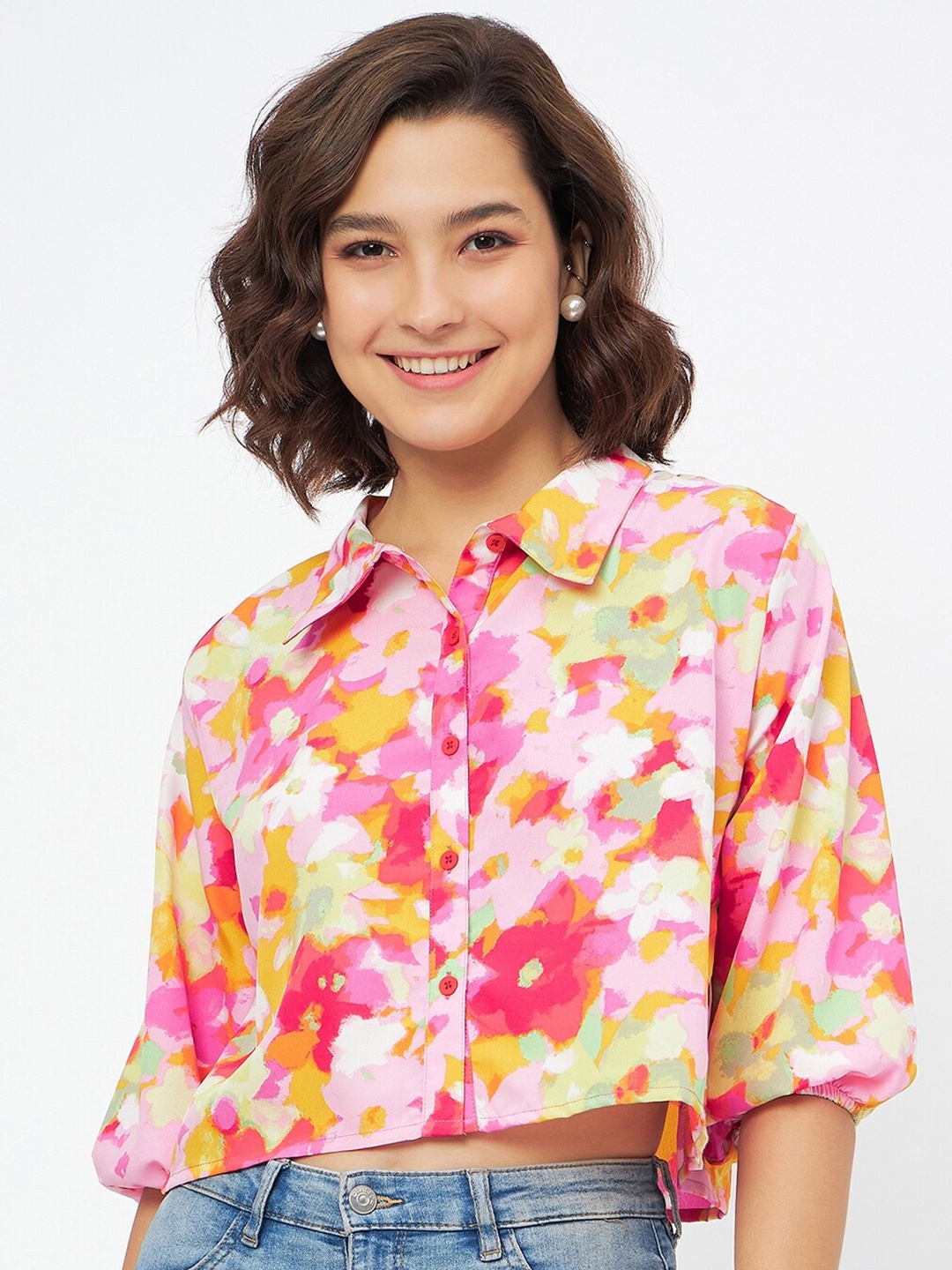 

Fashfun Floral Printed Spread Collar Puff Sleeve Crepe Casual Shirt, Pink