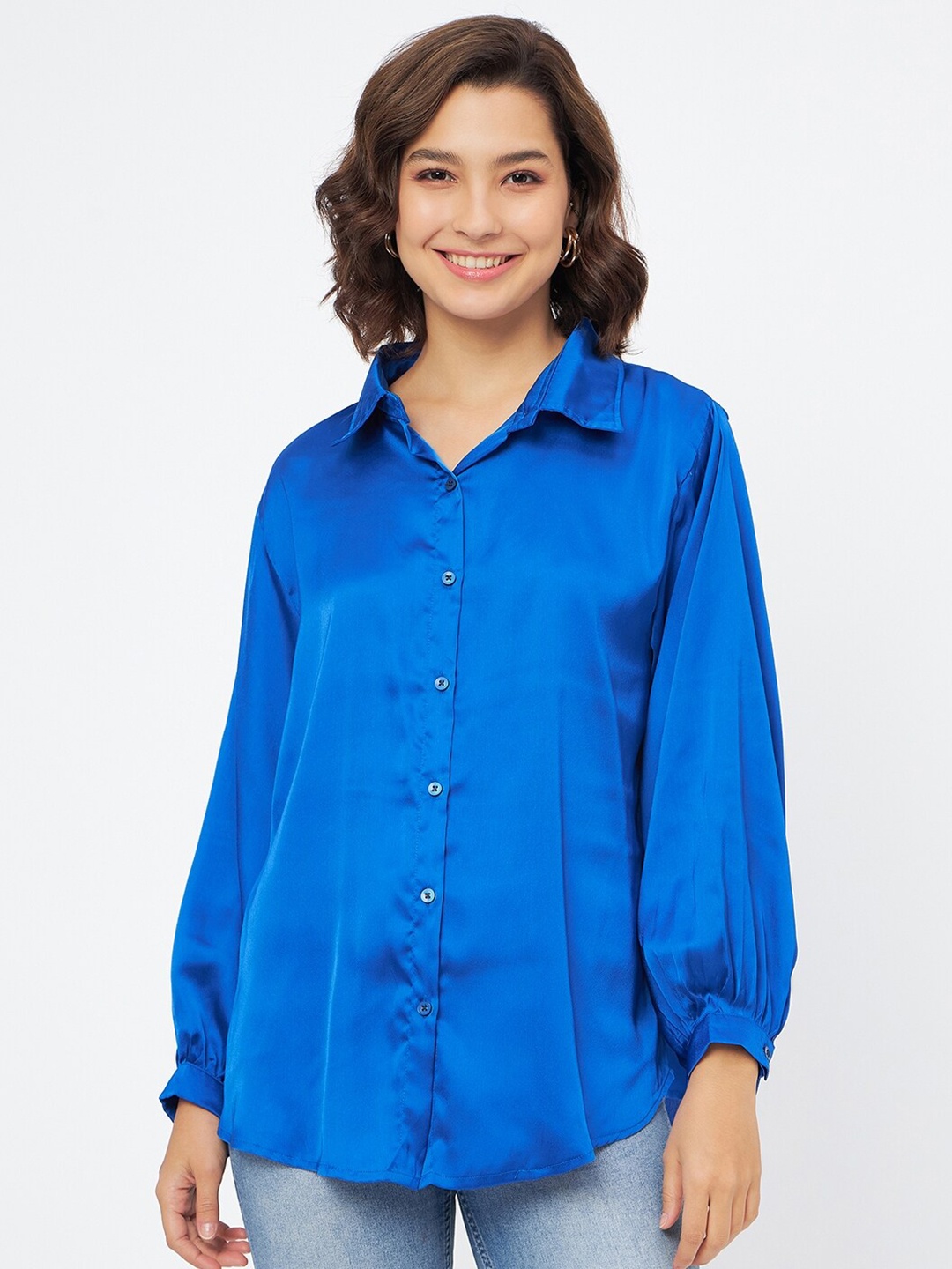 

Fashfun Oversized Spread Collar Long Sleeve Satin Casual Shirt, Blue