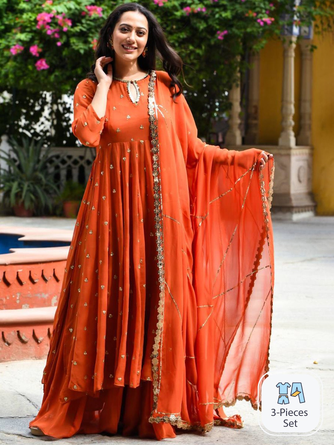

BLACK SCISSOR Keyhole Anarkali Sequinned Kurta Set With Dupatta, Brown