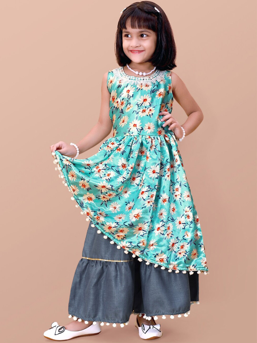 

BAESD Girls Floral Printed Sleeveless Kurta with Sharara, Blue