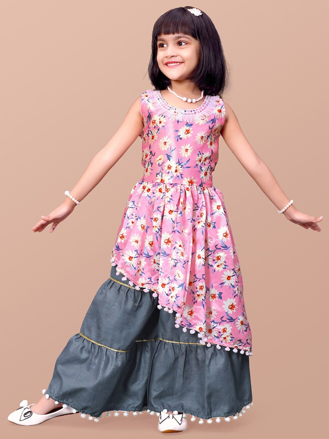 

BAESD Girls Floral Printed Sleeveless Kurta with Sharara, Pink