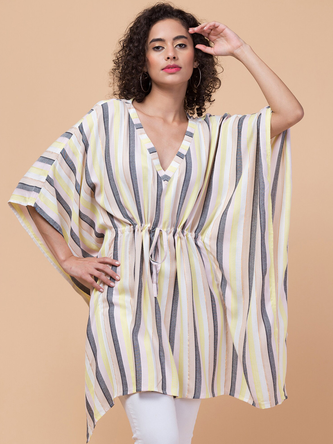 

Hive91 Vertical Stripes Kimono Sleeve V-Neck Kaftan Top, White
