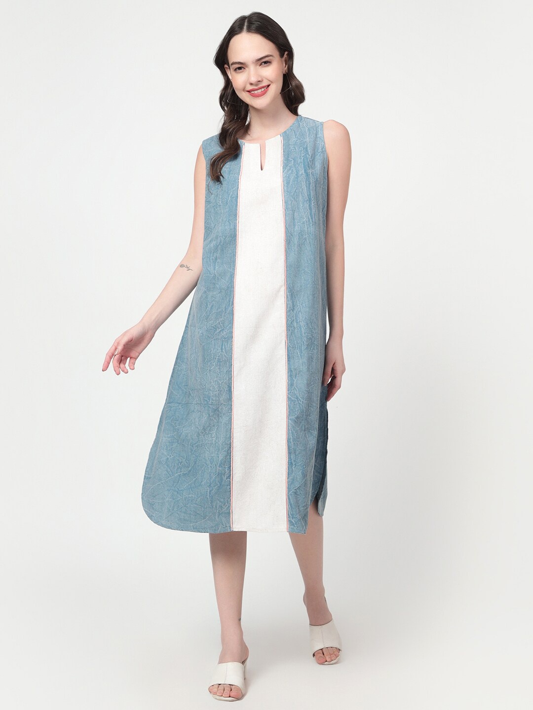 

Spring Soul Keyhole Neck Sleeveless Linen A-Line Dress, Blue