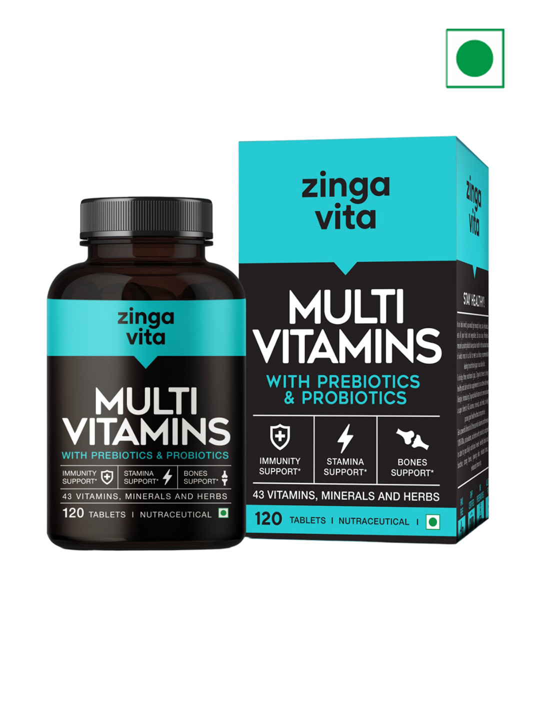 

Zingavita Multivitamins with Probiotics & Prebiotics for Immunity Support - 120 Tablets, Blue