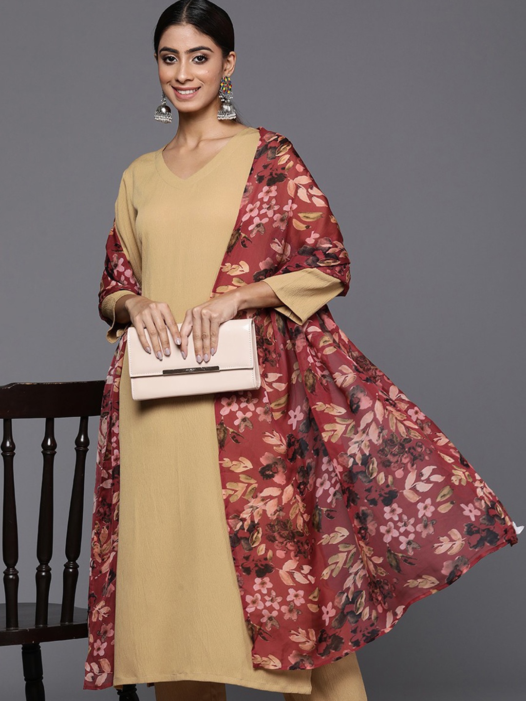 

Varanga Regular Silk Crepe Kurta with Trousers & Dupatta, Beige