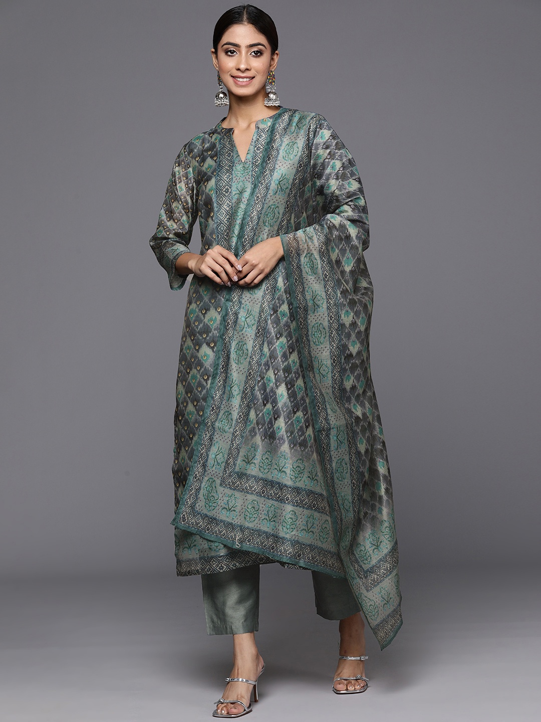 

Varanga Ethnic Motifs Printed Regular Chanderi Silk Kurta with Trousers & Dupatta, Blue