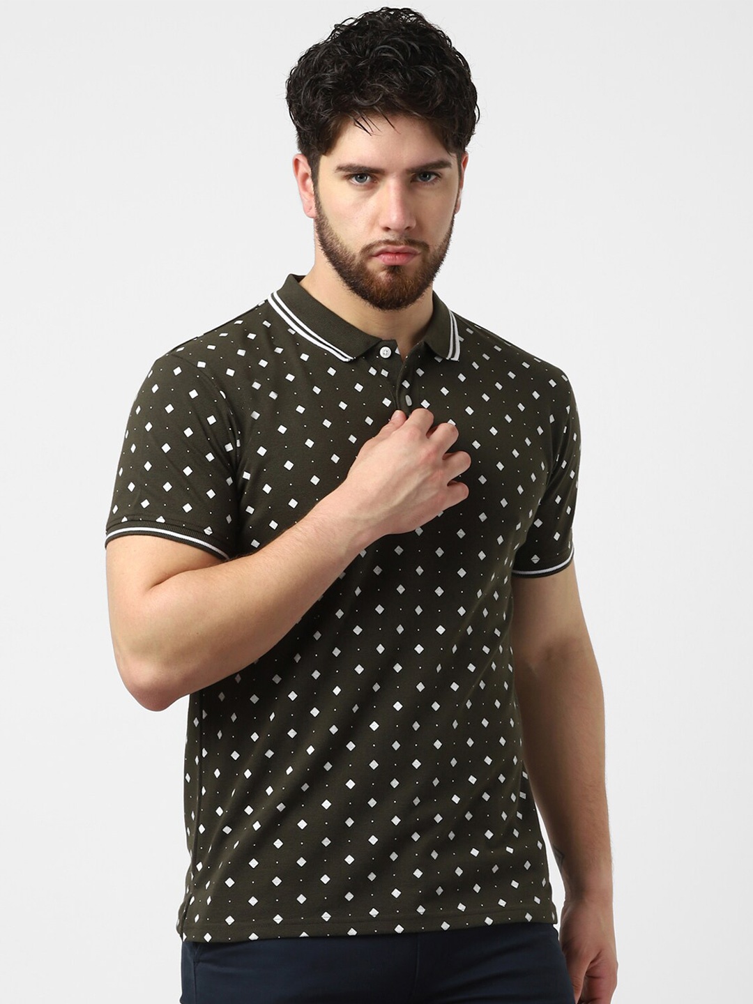 

UrbanMark Polka Dot Printed Polo Collar Casual T-shirt, Olive