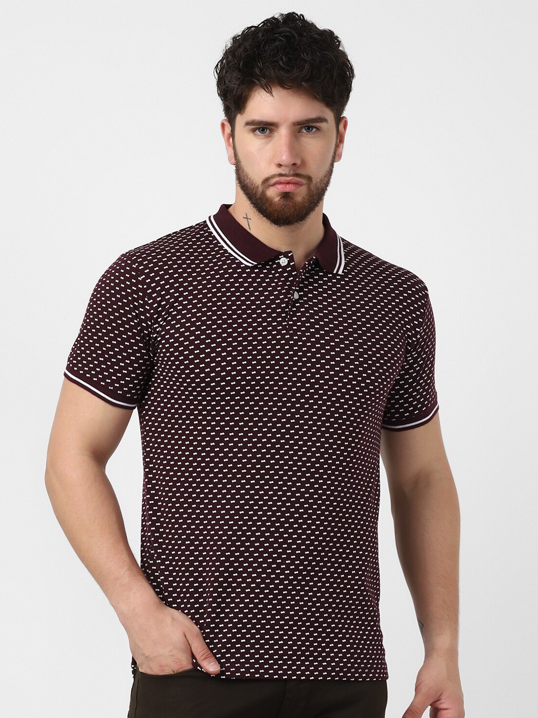 

UrbanMark Geometric Printed Polo Collar T-shirt, Burgundy