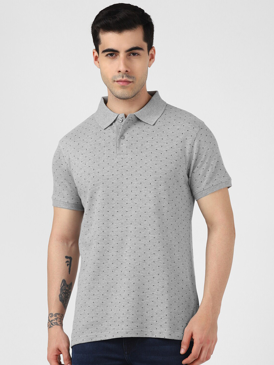 

UrbanMark Micro Printed Polo Collar Casual T-shirt, Grey melange