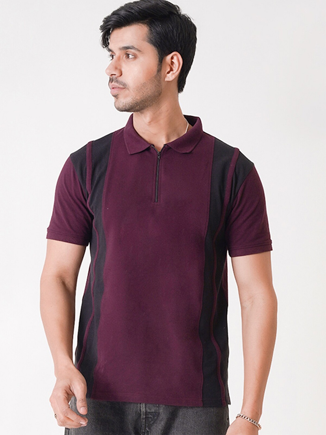 

UrbanMark Striped Polo Collar Casual T-shirt, Burgundy