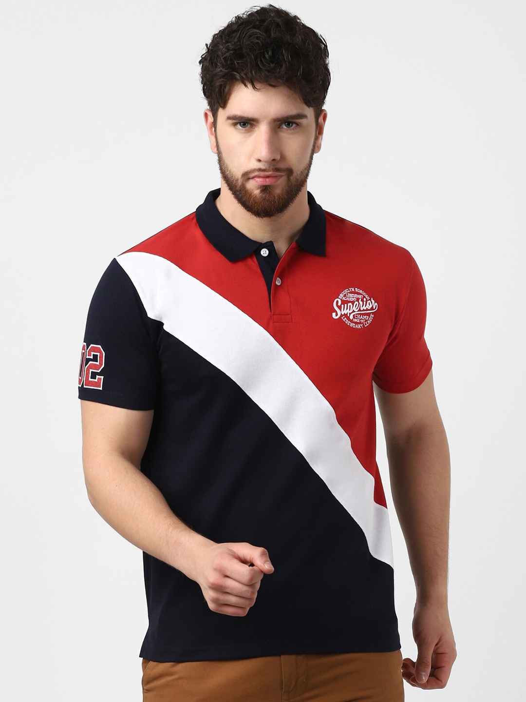 

UrbanMark Colourblocked Polo Collar Applique T-shirt, Navy blue
