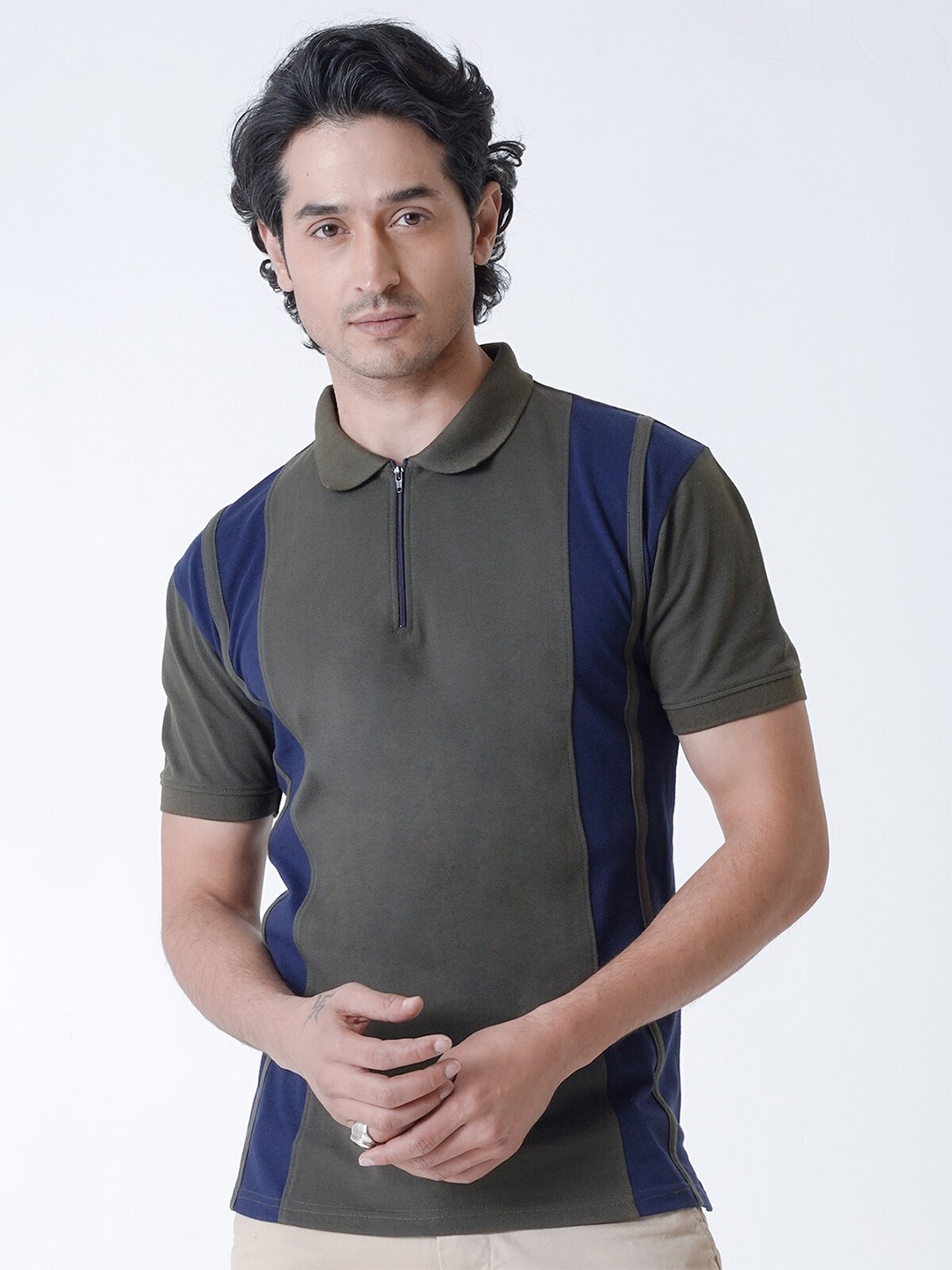 

UrbanMark Colourblocked Polo Collar T-shirt, Olive