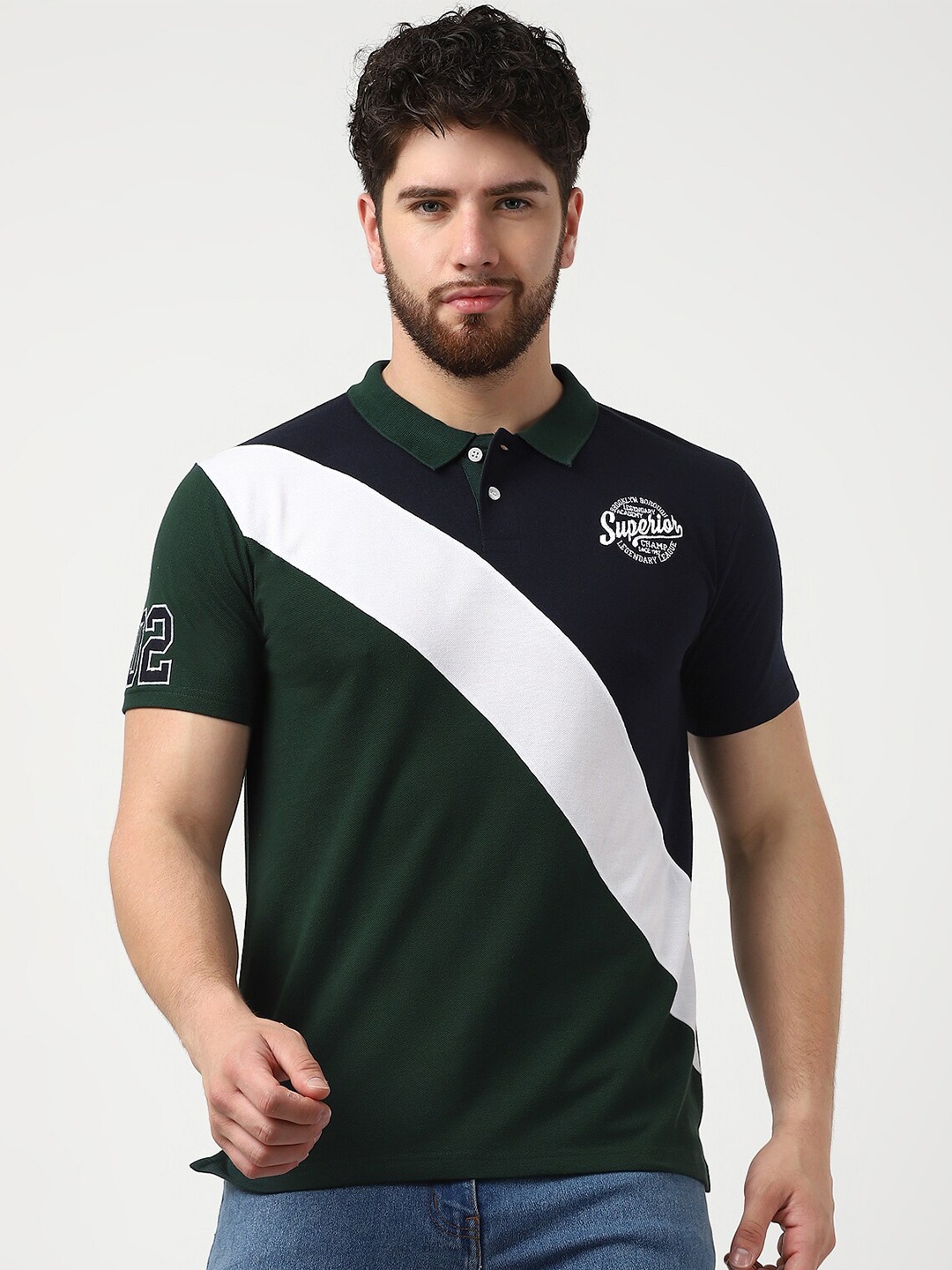

UrbanMark Colourblocked Polo Collar Applique T-shirt, Green