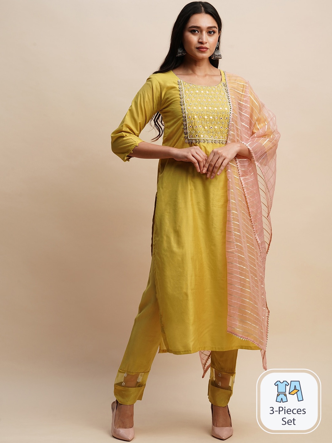 

Sangria Embroidered Yoke Dedign Kurta With Trouser & Dupatta, Mustard