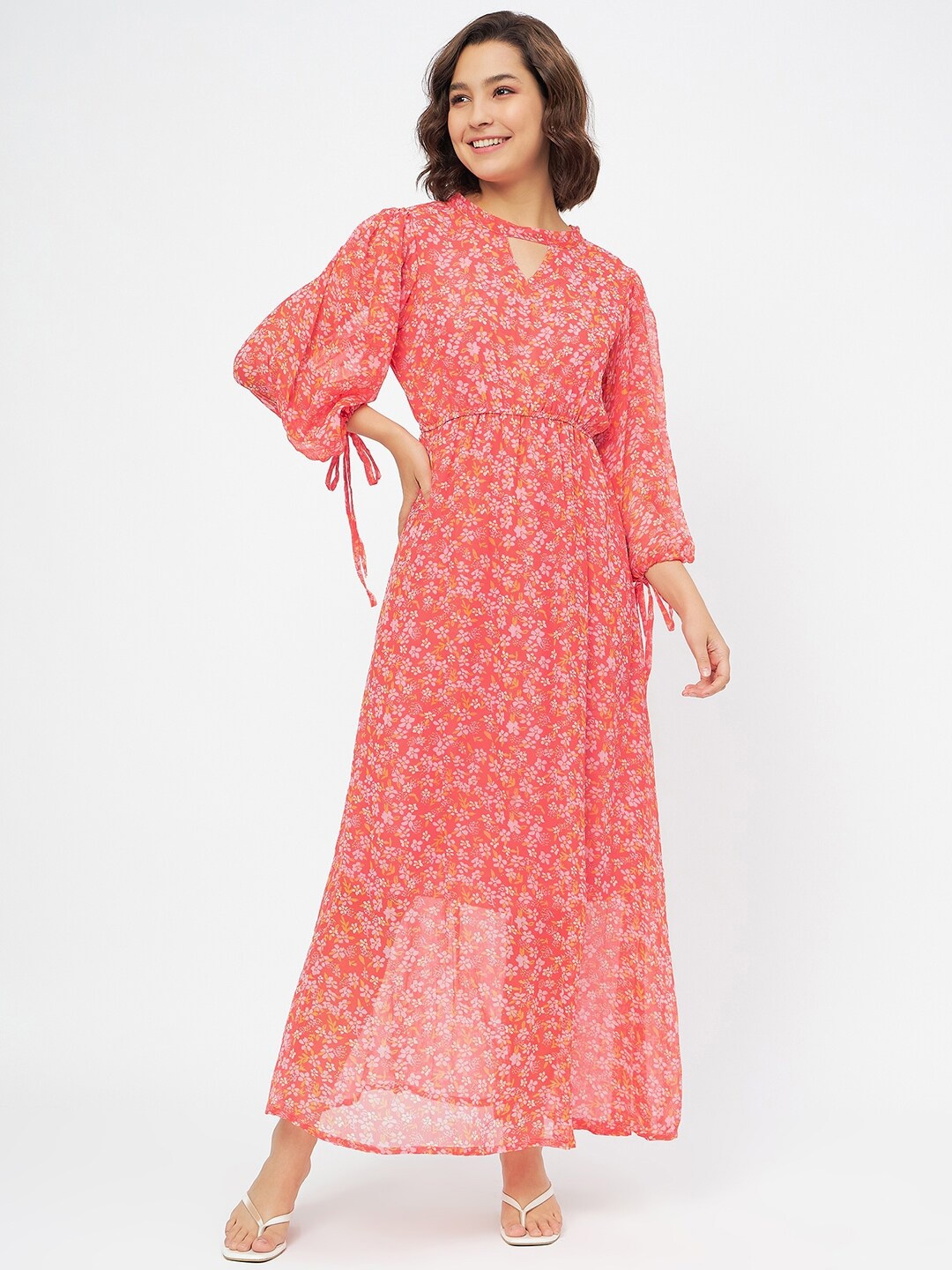 

Fashfun Floral Printed Keyhole Neck Tie-Ups Chiffon Maxi Dress, Orange
