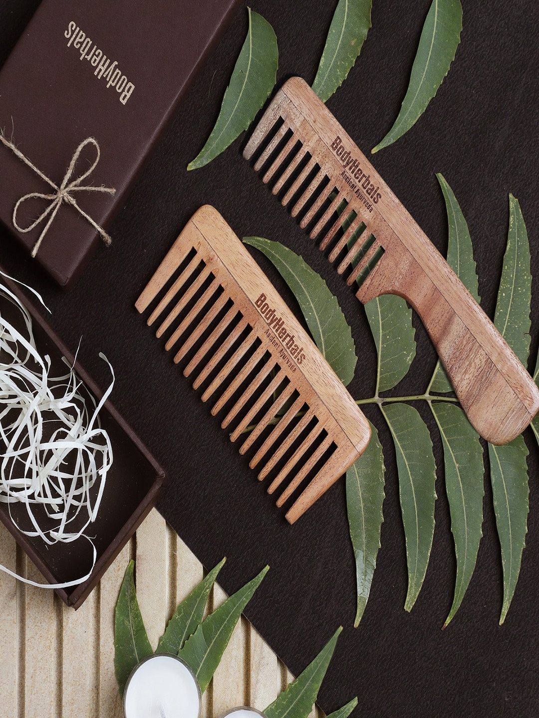 

BodyHerbals Set Of 2 Anti Static Handmade Neem Wood Wide Tooth Travel Comb - Rake Comb, Brown