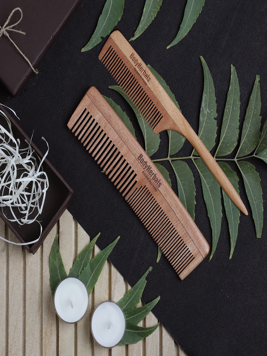 

BodyHerbals Set Of 2 Anti Static Handmade Neem Wood Double Tooth Comb & Tail Comb, Brown