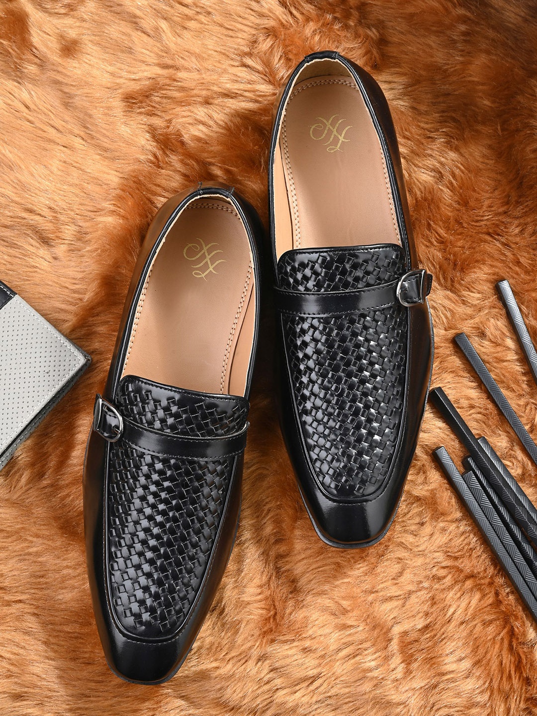 

House of Pataudi Men Textured Formal Loafers With Buckle Detail, Black