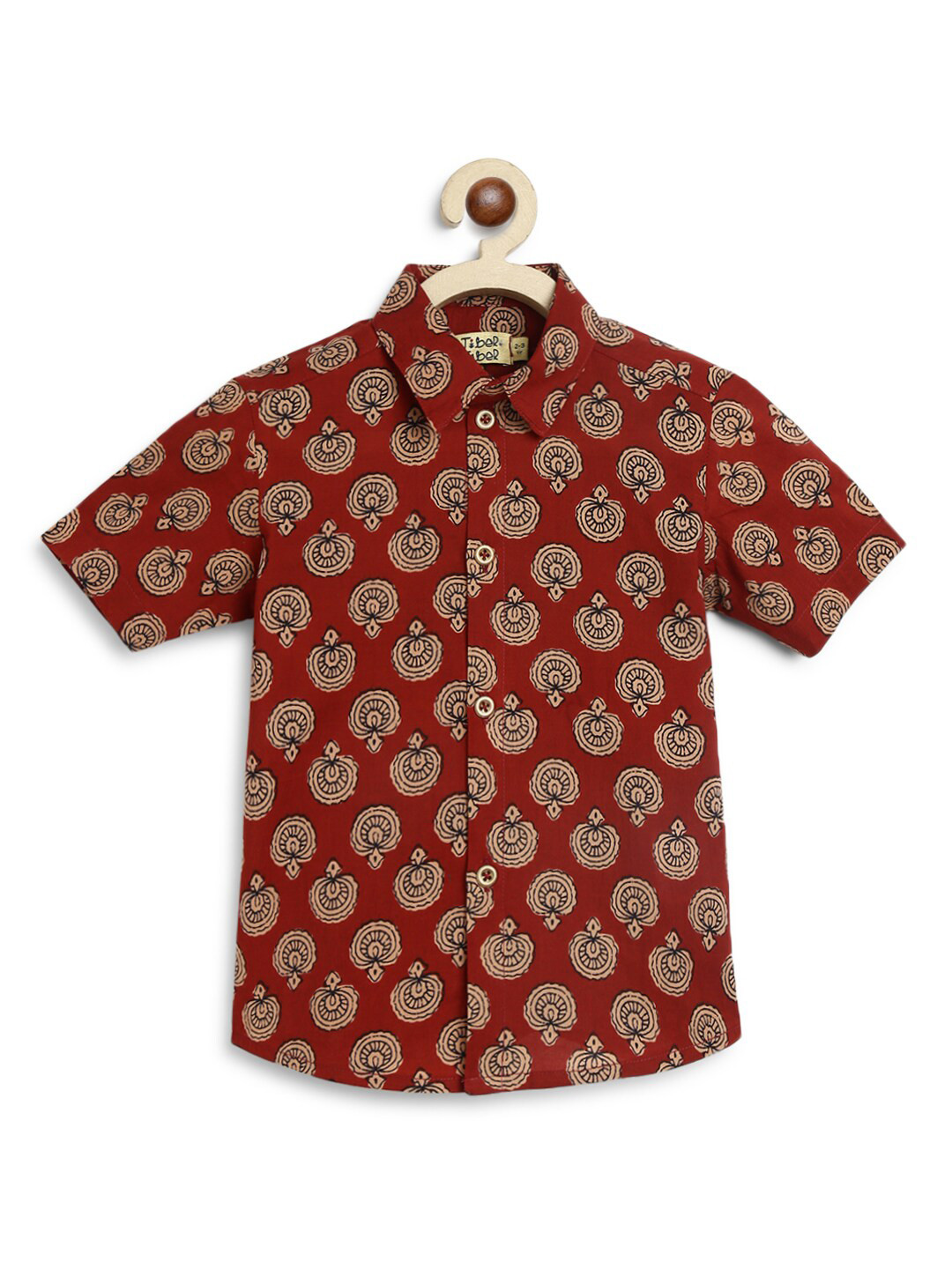 

Tiber Taber Boys Classic Ethnic Motifs Printed Twill Cotton Casual Shirt, Brown