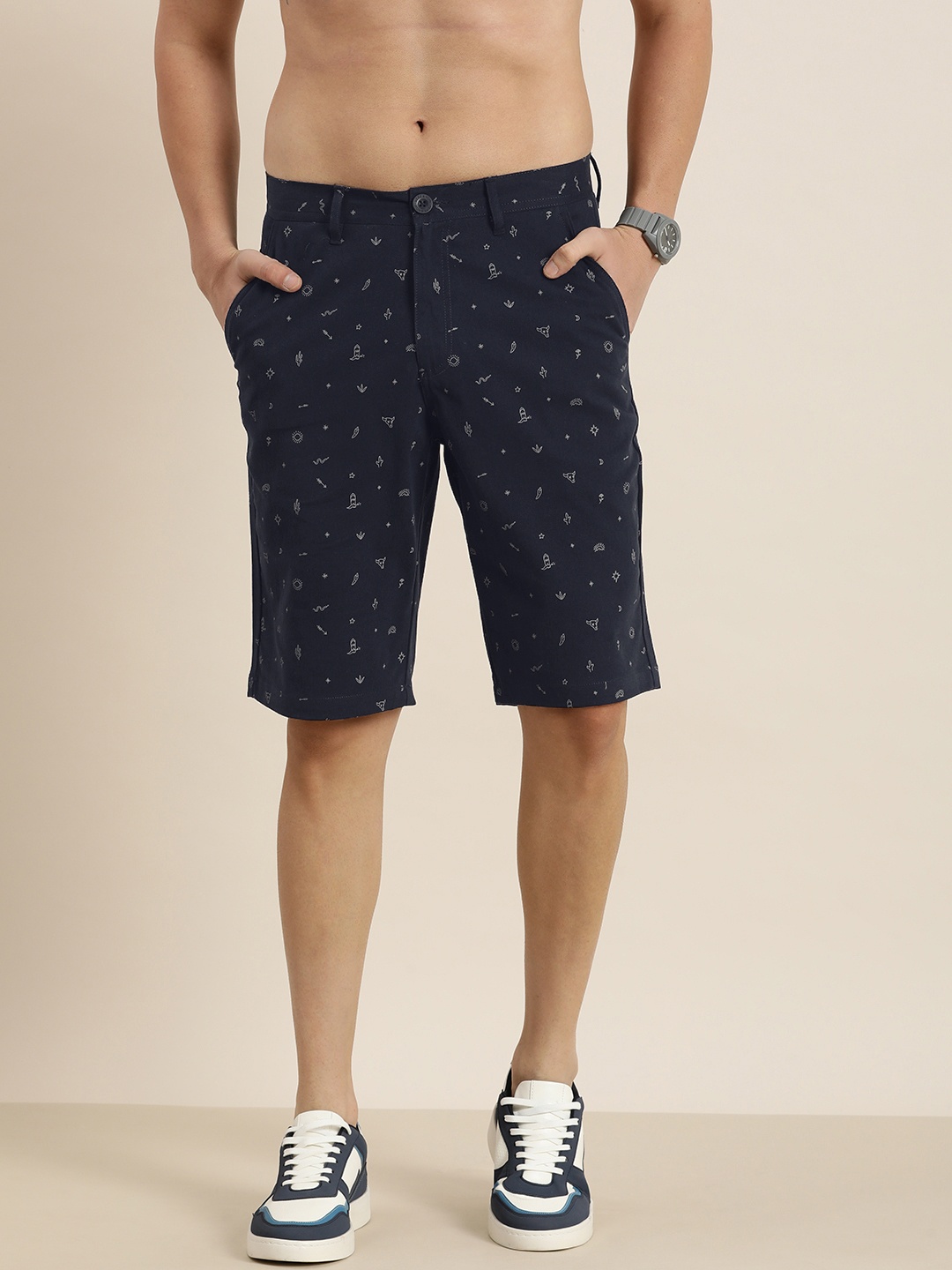 

HERE&NOW Men Printed Slim Fit Shorts, Navy blue