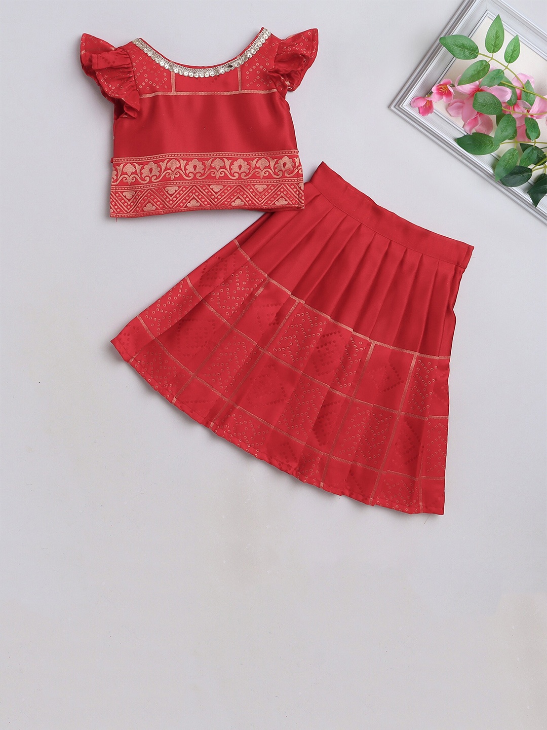 

MANY FROCKS & Girls Woven Design Sequined Ready to Wear Lehenga With Blouse, Pink