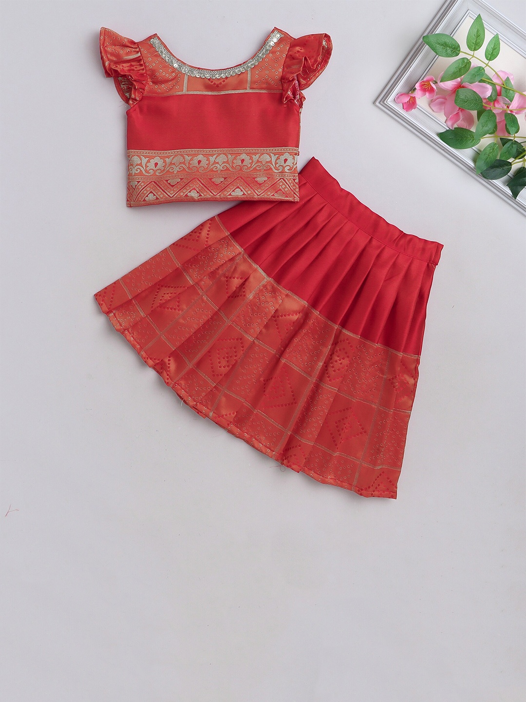 

MANY FROCKS & Girls Woven Design Sequined Ready to Wear Lehenga With Blouse, Orange