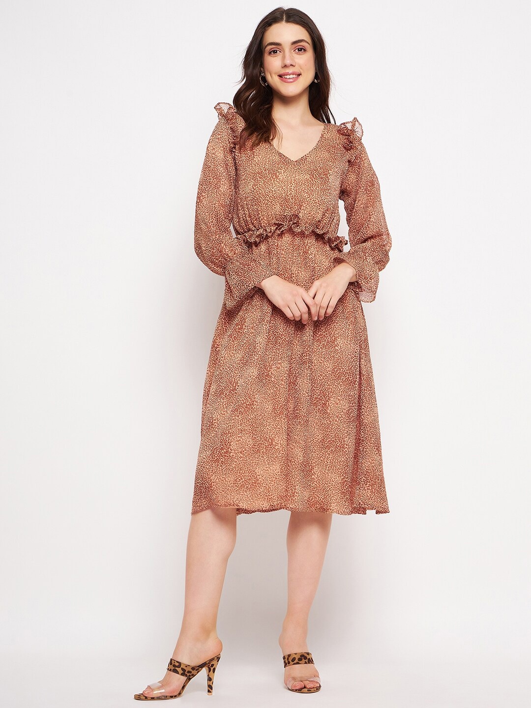 

DELAN Animal Skin Printed V-Neck Bell Sleeve Ruffled Chiffon Fit & Flare Dress, Brown