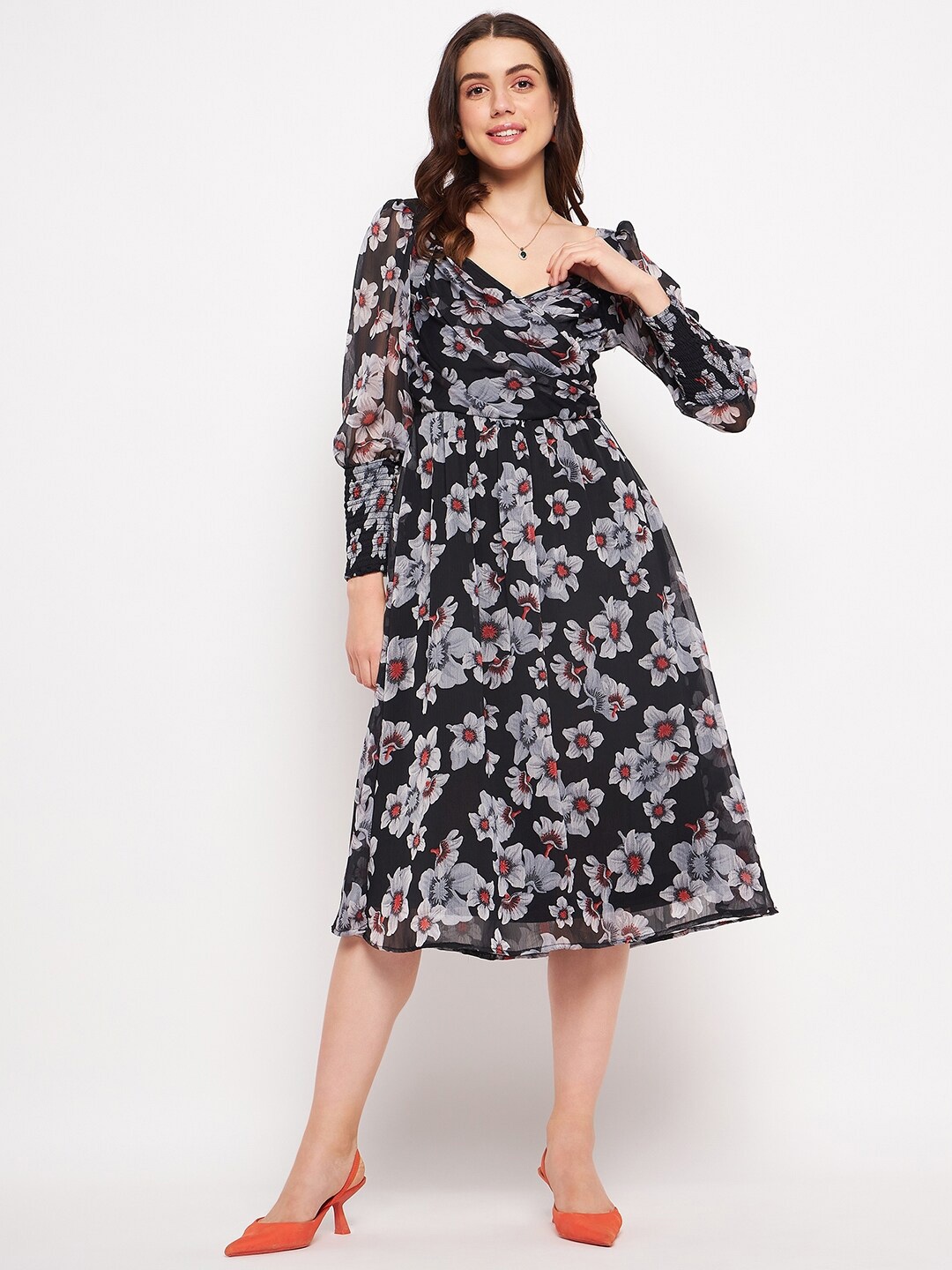 

DELAN Floral Printed V- Neck Smocked Pleated & Cut Out Fit & Flare Dress, Black